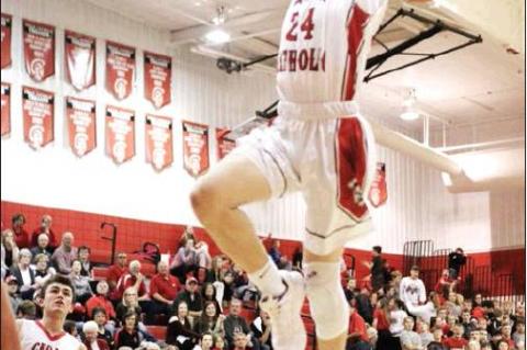 Patented dunks like this helped Cedar Catholic’s Matthew Becker finish his high school career third on Cedar Catholic’s all-time scoring list. He signed a letter of intent last week to take his basketball talents to Mt. Marty College in Yankton.
