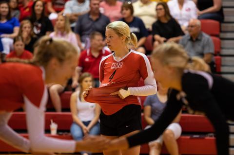 Cedar Catholic's Ashley Hamilton tells the server where to serve during the All Star Volleyball Class in Norfolk, Neb., on Saturday, June 09, 2018.
