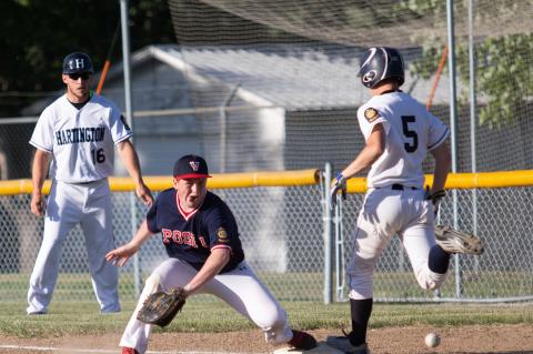 Photo 2: Hartington's Brady Steffan runs to first base before Vermillion can get him out during a Senior Legion game in Hartington, Neb., on Monday, June 04, 2018.